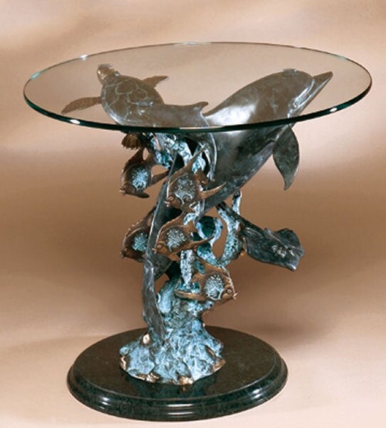 Dolphin Turtle Side Table Brass Marble Base Fishes Under the Sea Statue